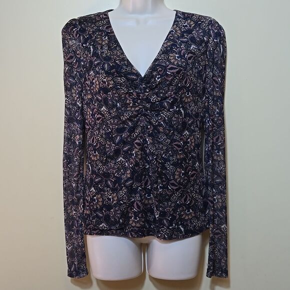 Evereve Amora Ruched Dark Floral Mesh Top Sheer Sleeve V-neck Size Medium - Picture 1 of 13